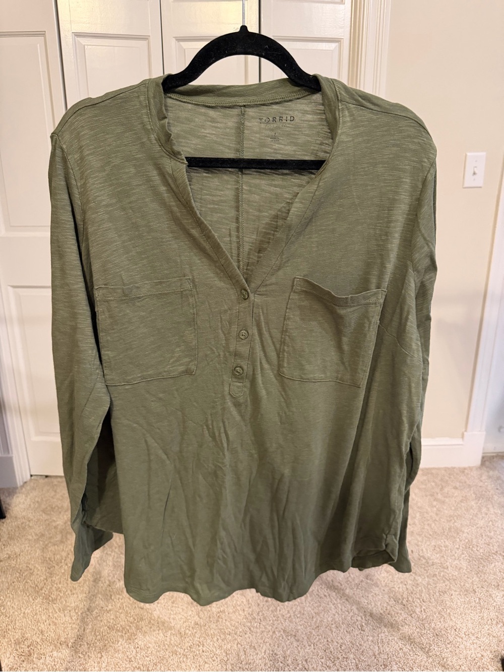 torrid Olive Green Long-Sleeve Henley Top with Chest Pockets